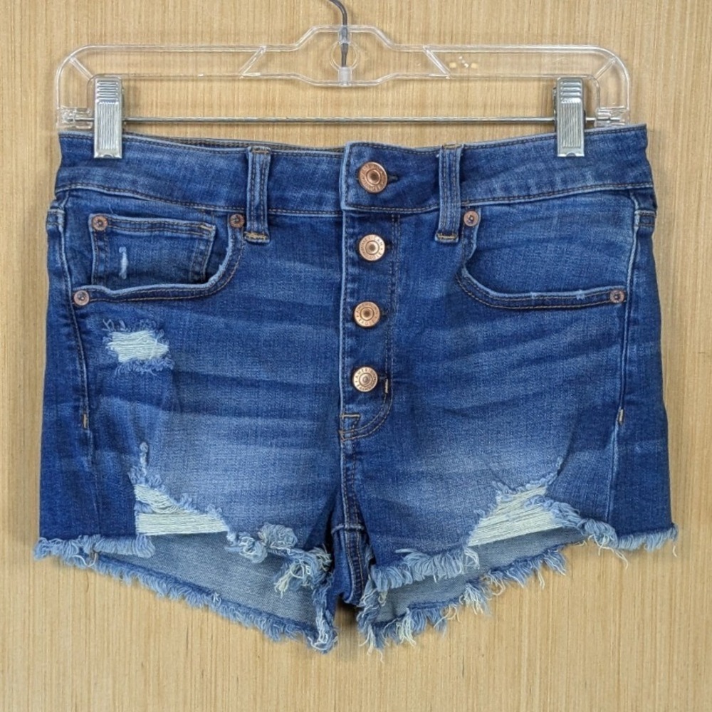 American Eagle Super Stretch High Rise Button Fly Distressed Denim Shorts Blue 6